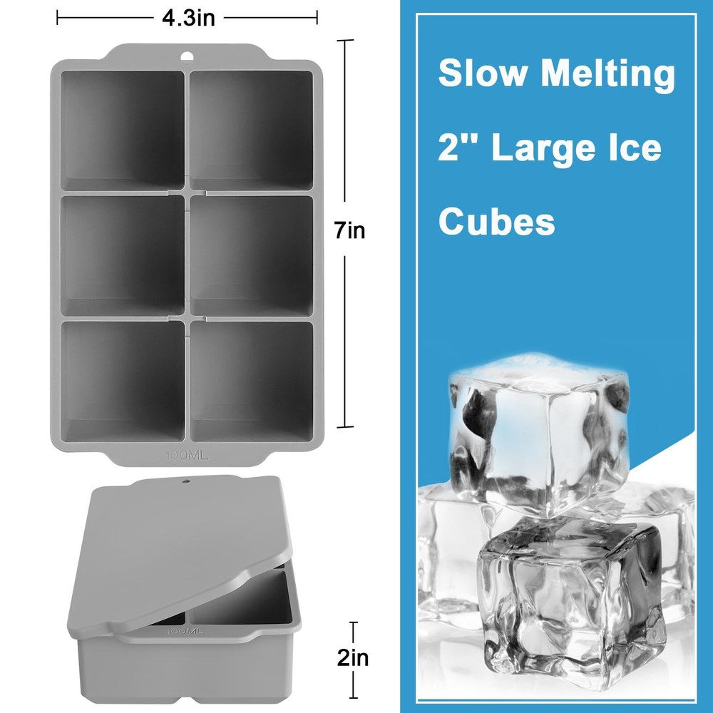 2 Pack Large Ice Cube Tray with Removable Lid Silicone Square Ice Cube Mold