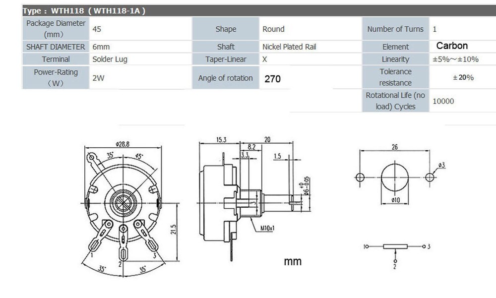 5pcs 47K Ω Ohm WTH118 WTH118-1A 2W Linear Potentiometer