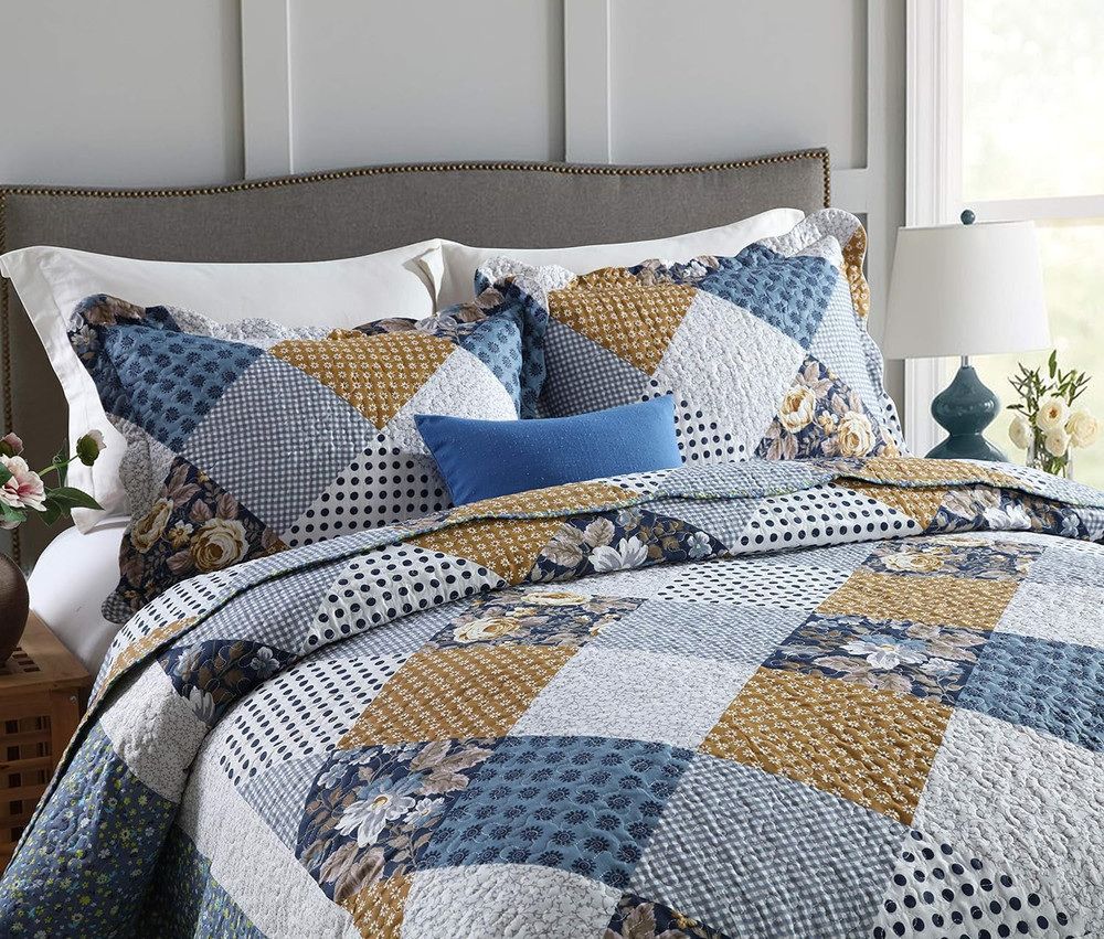3-Piece King Bedspread Quilt Sets Patchwork Floral Oversized Reversible Soft Qui