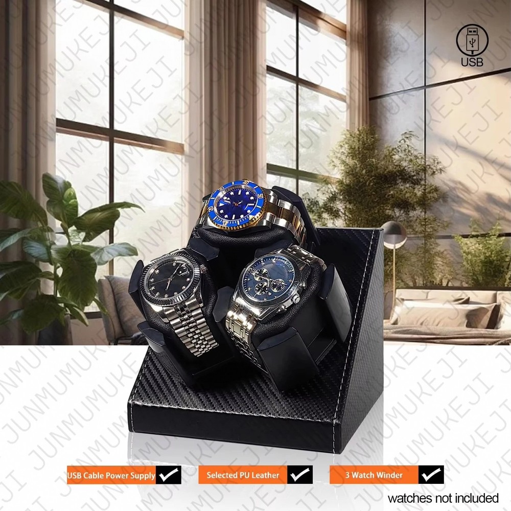 Automatic Watch Winder Stand – 3 Slots, USB Powered, PU Leather Finish