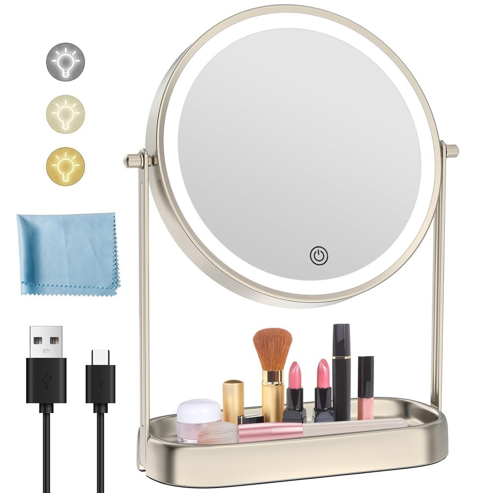 10X Lighted Makeup Mirror with Storage, Rechargeable Magnifying Mirror with Ligh