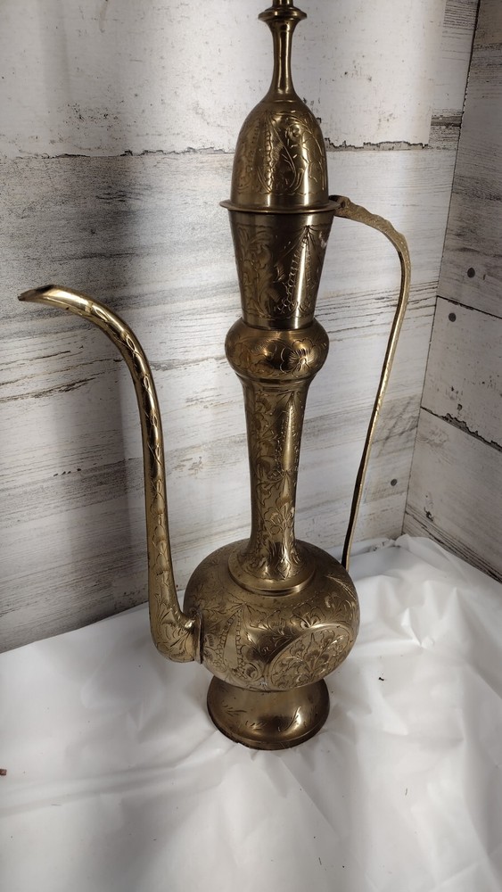 Large Etched Antique Middle Eastern Solid Brass Tea Coffee Pot Pitcher Vase 18IN