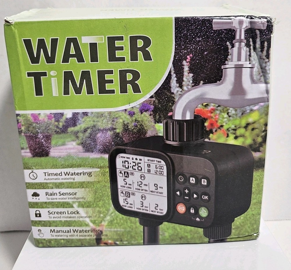 2-Outlet for Spigot Water Timer Automatic Timed Irrigation w Rain Sensor Backlit