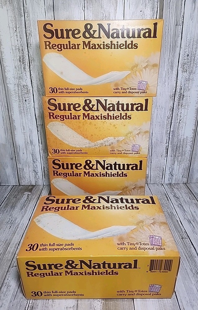 4 Box Lot VTG Sure & Natural Regular Maxishields Thin Full-Size Pads +Tiny Totes