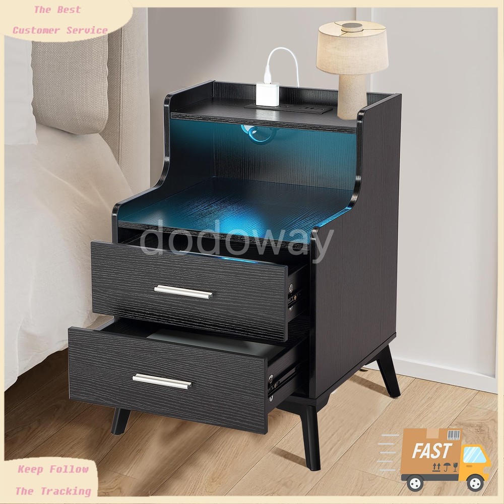 2 Set Black Bedside Table Nightstand End Side Table With USB Charging Station