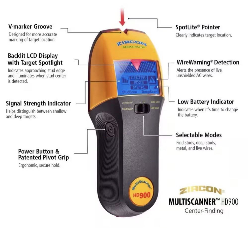 Zircon Multiscanner HD900 3 In. Multifunction Stud Finder 66232