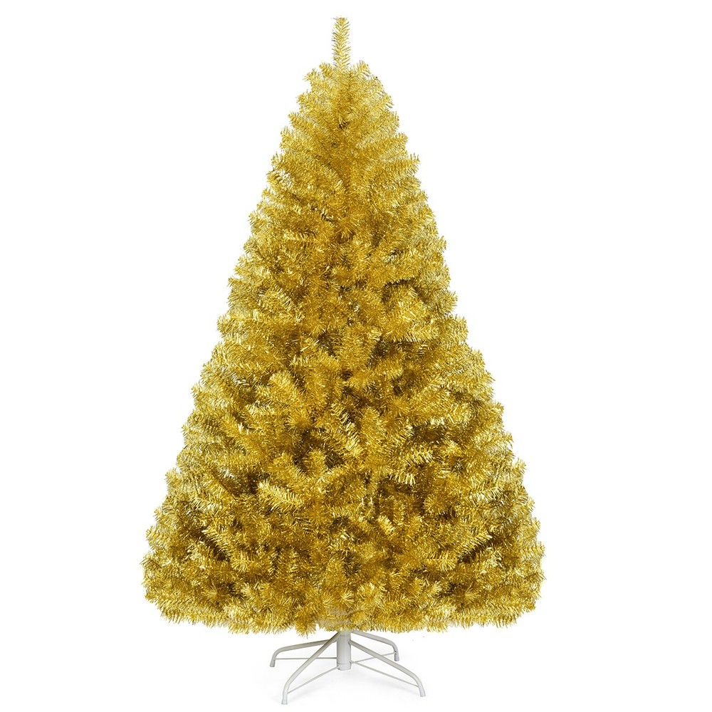 6ft Artificial Tinsel Christmas Tree Hinged w/1036 Tips Foldable Stand Champagne