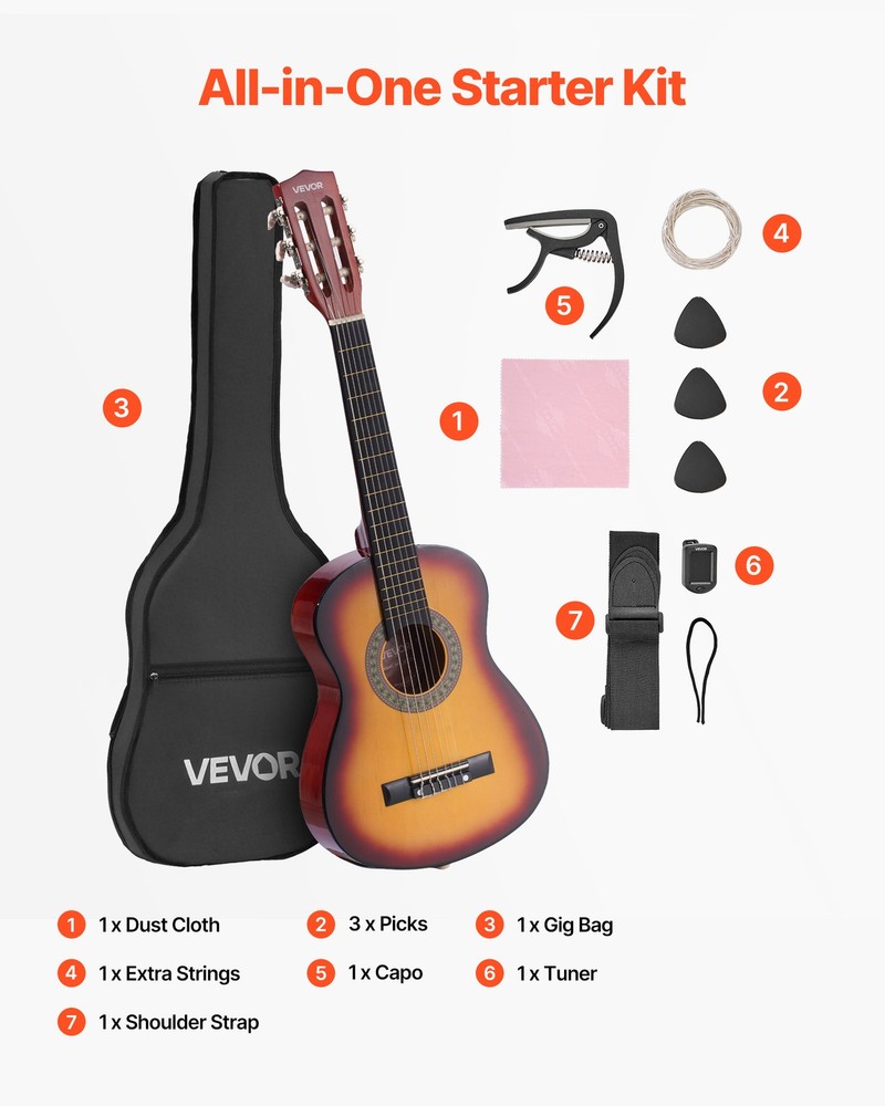 VEVOR Classical Guitar 30 in Guitar Beginner Starter Kit Nylon Strings Sunburst