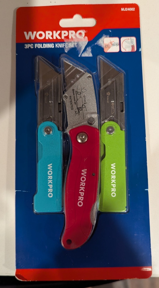 WORKPRO 3-Pack Folding Utility Knife Set, Quick Change Blade Box Cutter, Razor