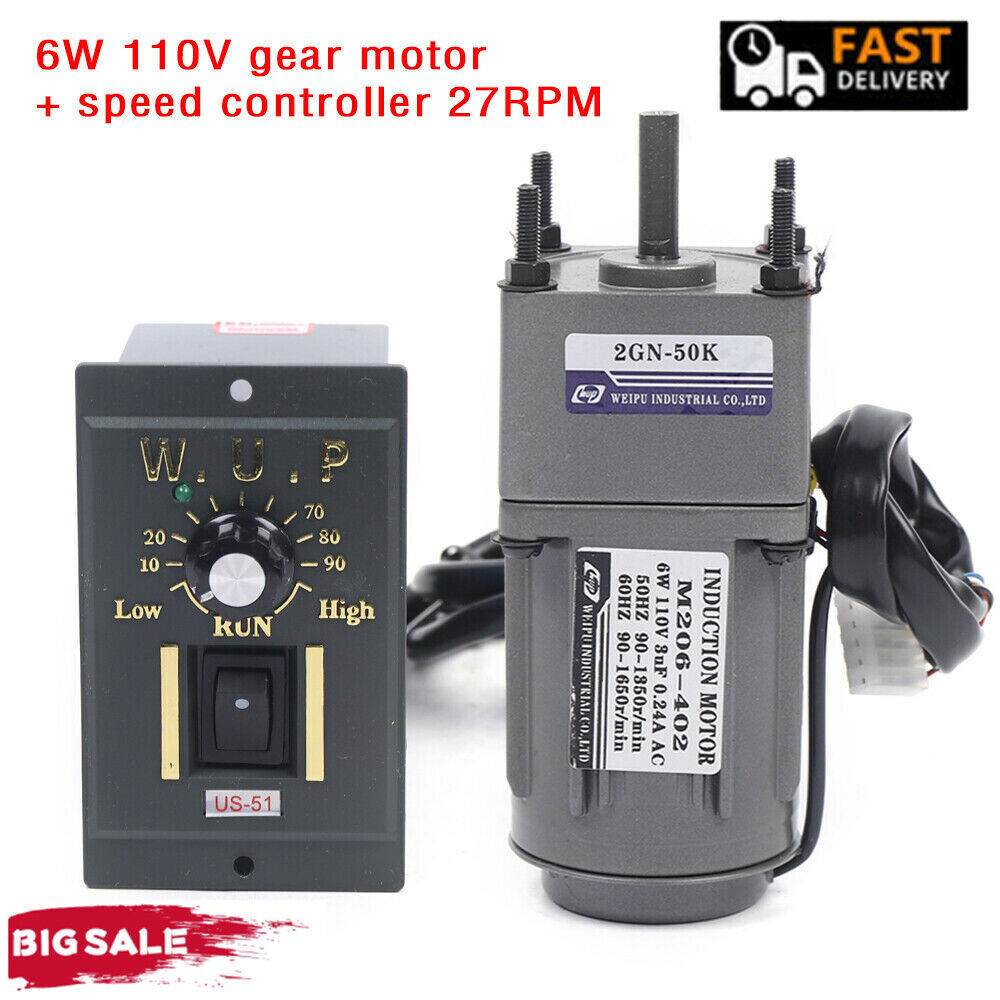 110V Reversible AC Gear Motor with Variable Speed Controller 27 RPM 1:50