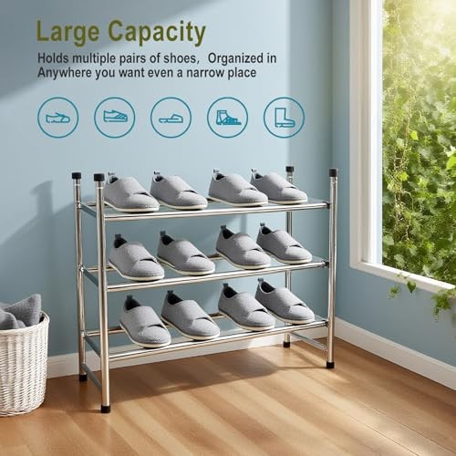 3 Tier Shoe Rack for Closet Metal Wide Retractable Stackable Shoe Storage