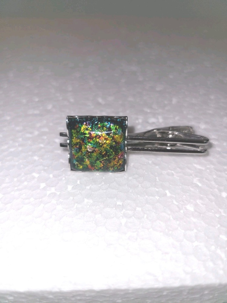 VTG MULTICOLORED SQUARE FOILED GLASS SILVER TONE TIE BAR