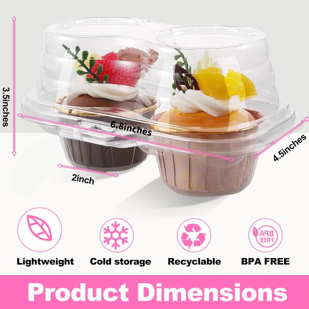 50Pack Disposable Cupcake Containers, 2 Compartment Clear Cupcake Holder, Sta...