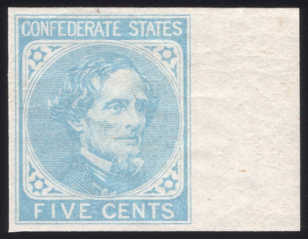 Confederate, CSA #6 5¢ Light Blue, Right Margin Mint-OG-NH, Extremely Fine