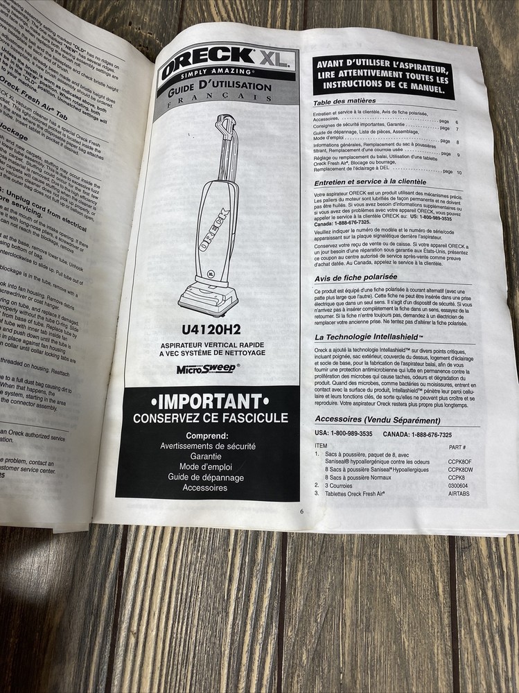 Oreck XL U4120H2 Replacement Piece Part Users Guide