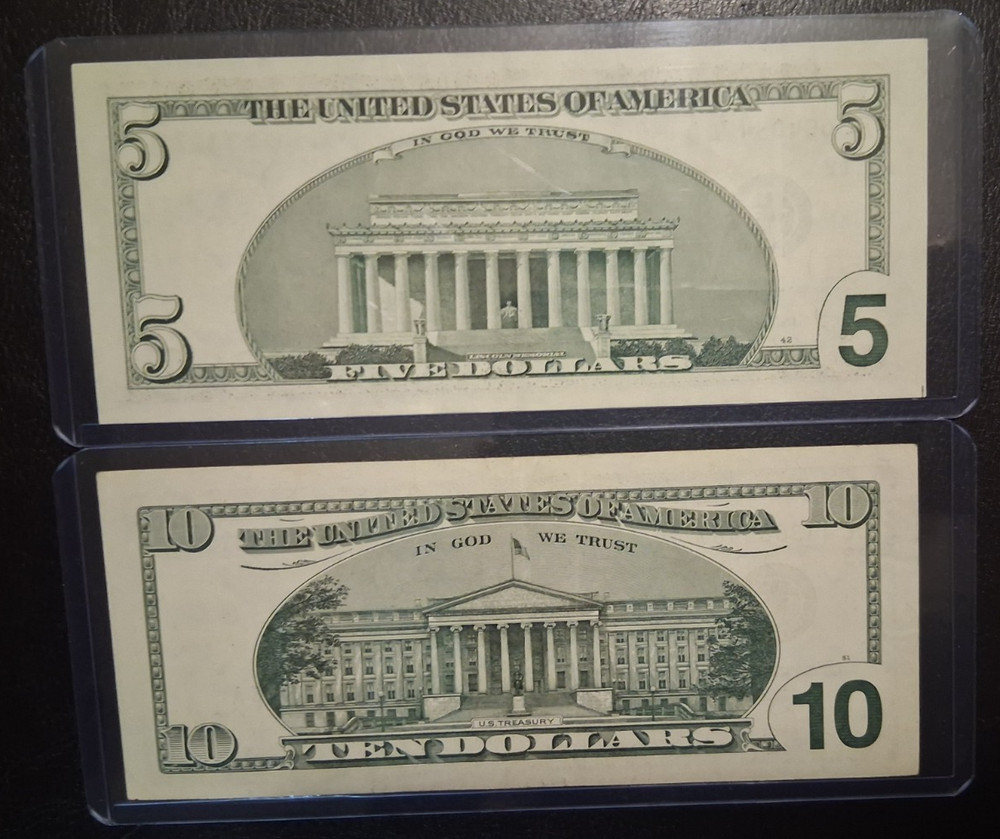 US TEN and FIVE DOLLARS 2001-2003 VF/AU