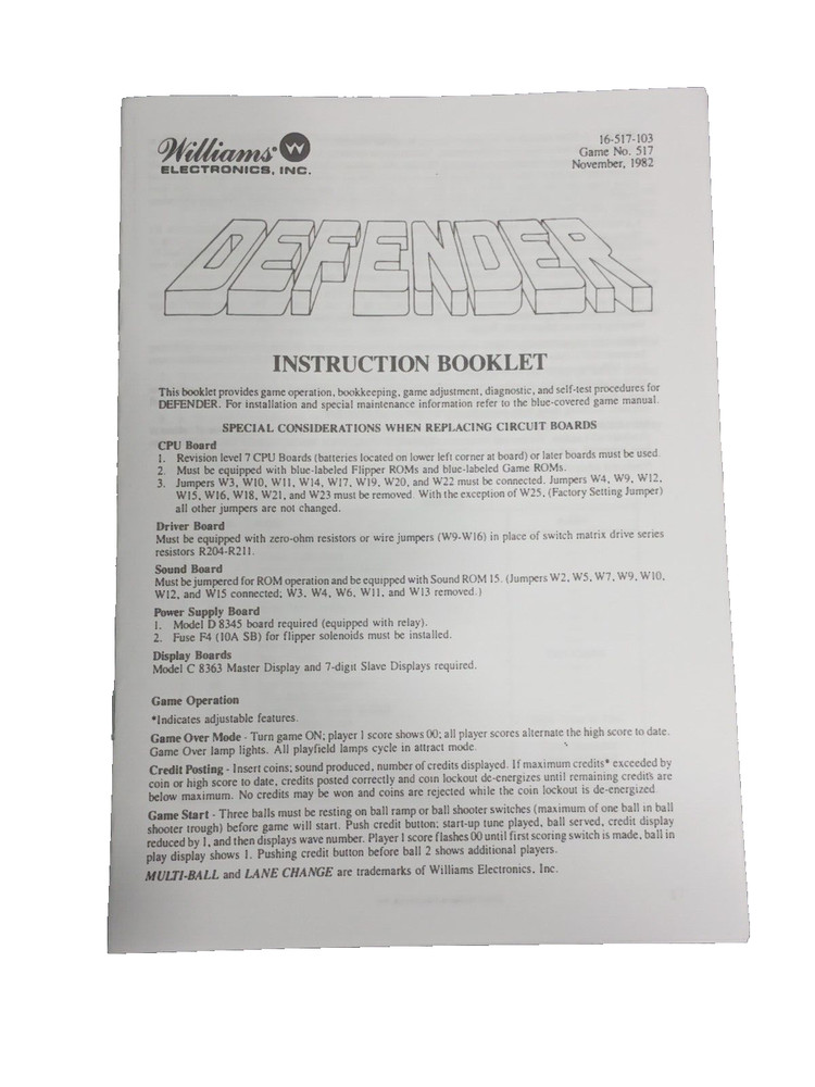 Williams Defender Pinball Instruction Booklet
