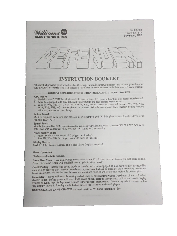 Williams Defender Pinball Instruction Booklet
