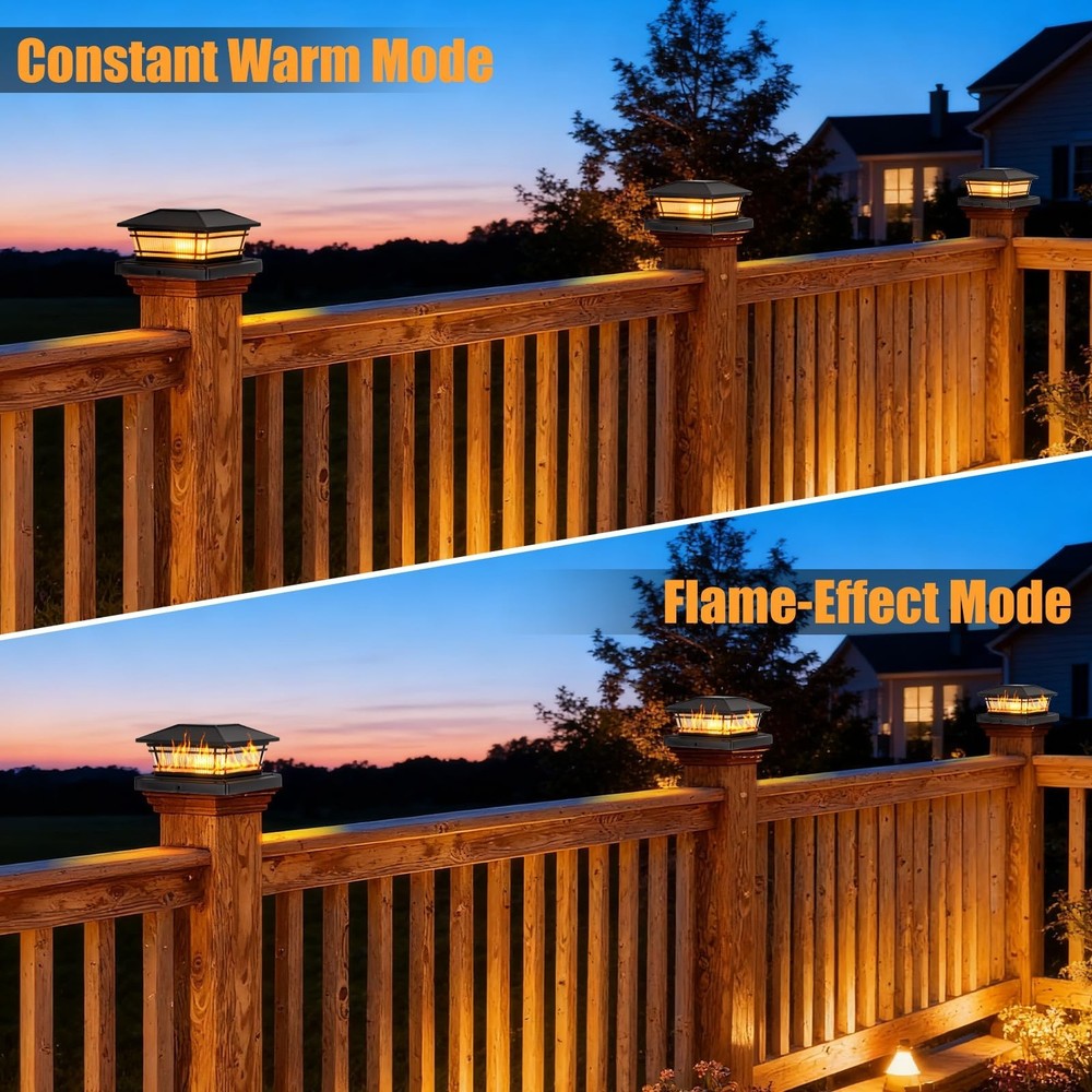 8 Pack Solar Flame Post Cap Lights, Flickering Flame & Warm Light Fence Post ...