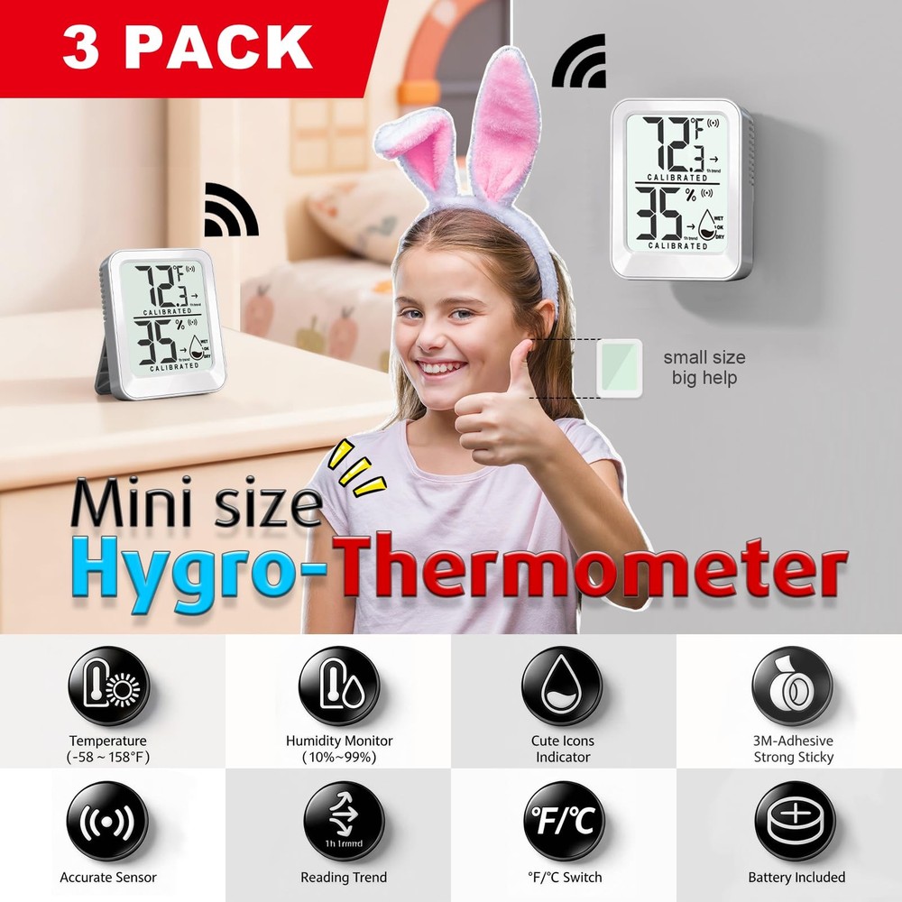 3 Pack Room Thermometer Indoor Mini Temperature Humidity Meter 3 - White
