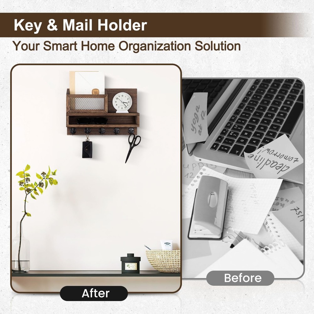 Key Holder for Wall, Organizer Wall Mount with Storage Compartment and 5 key ...