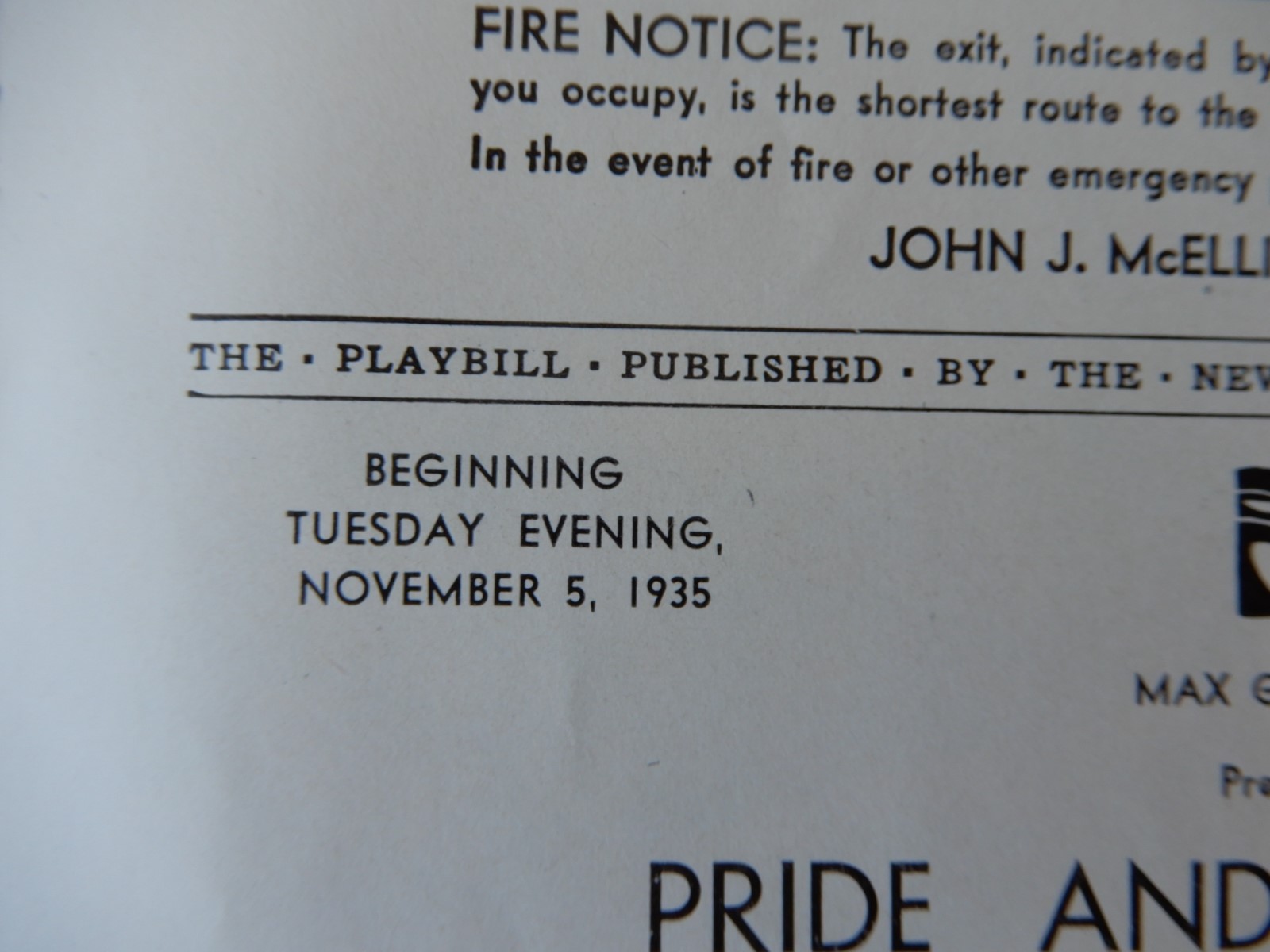 November 5th, 1935 - Music Box Theatre Playbill - Pride And Prejudice - Waram