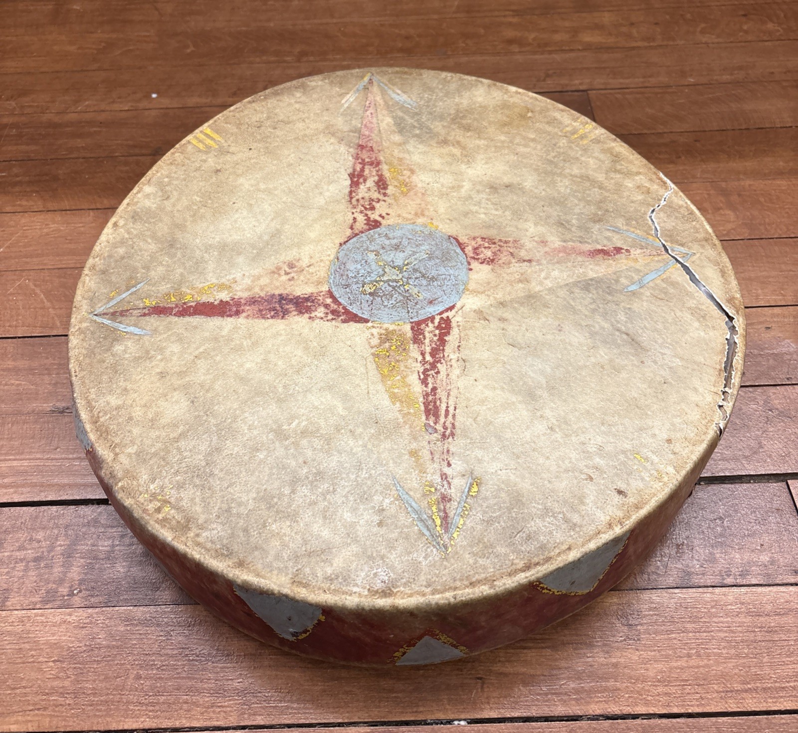 Antique Native American Plains Painted Drum Pictorial Morning Star Painted Drum