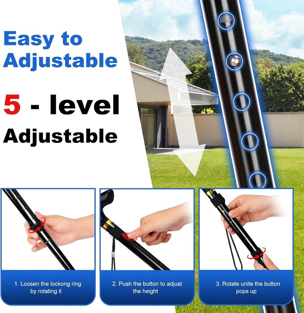 Folding Cane, Portable 5-Level Adjustable Height Walking Stick with Foldable ...