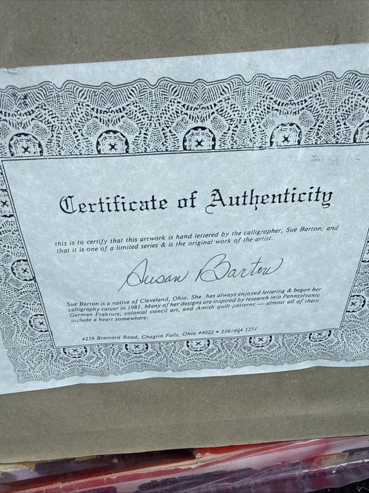 Framed Quilt Square House Signed Susan Barton Calligraphy Cert
