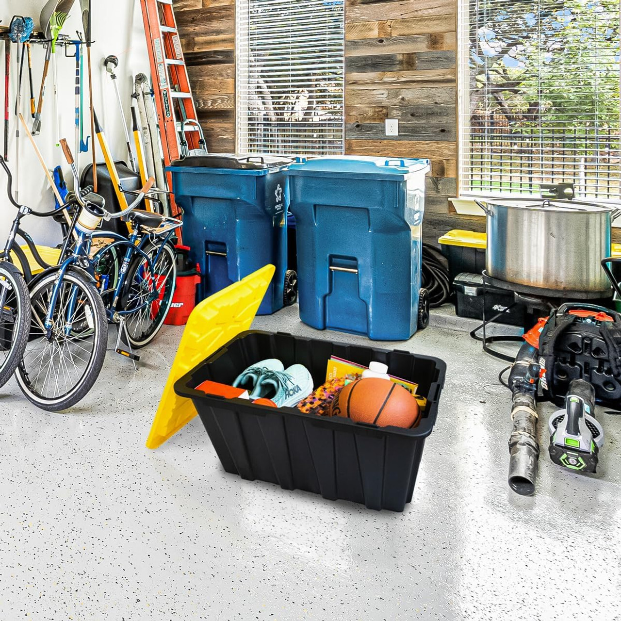 12 Gallon Snap Lid Storage Bin Container Tote Box Durable Plastic Black Set of 8