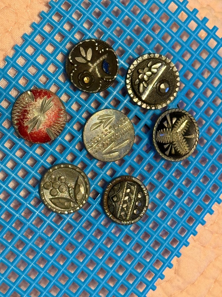 7 Antique etched Pewter small Buttons