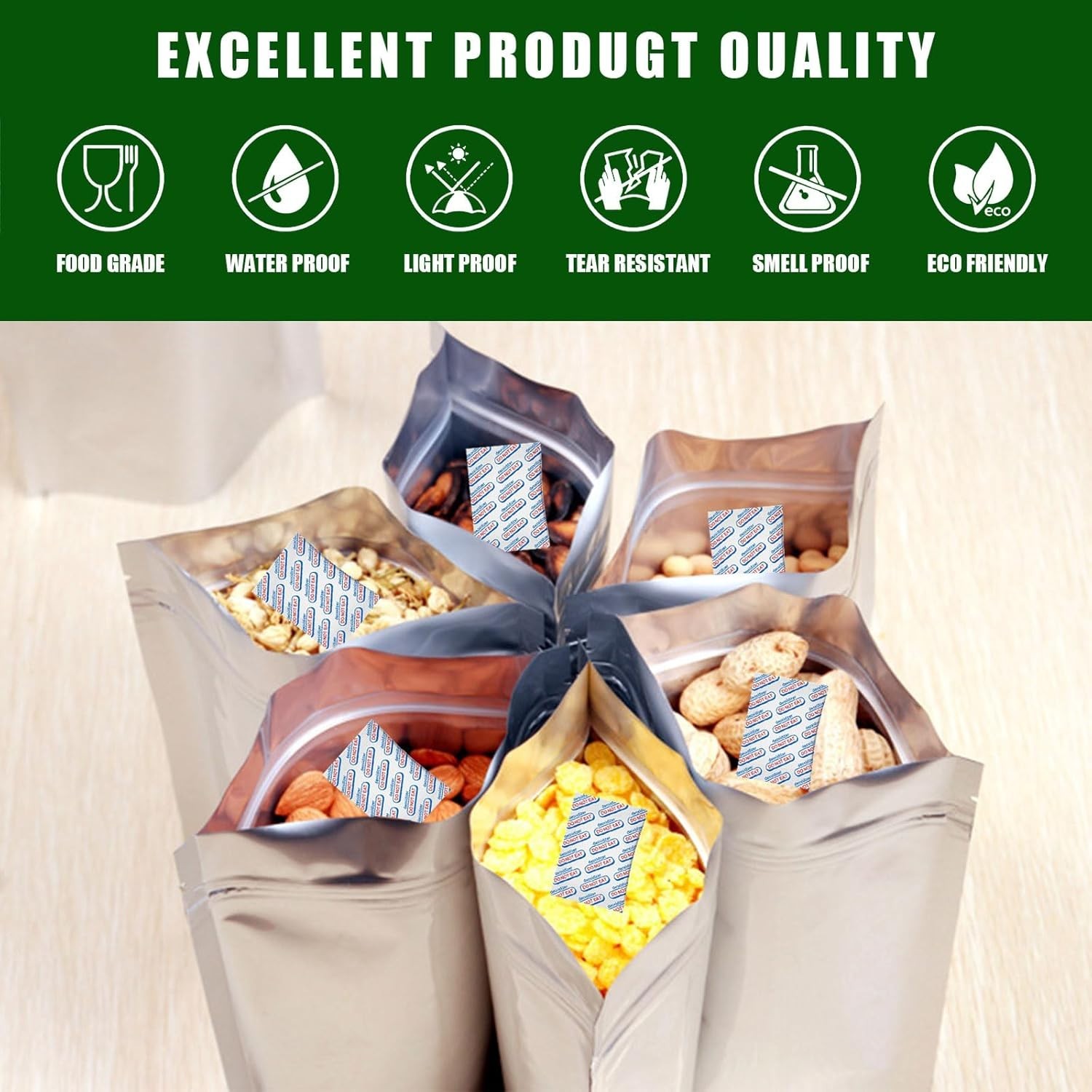 50 Pcs Mylar Bags for Food Storage With Oxygen Absorbers Resealable 9 Mil Silver