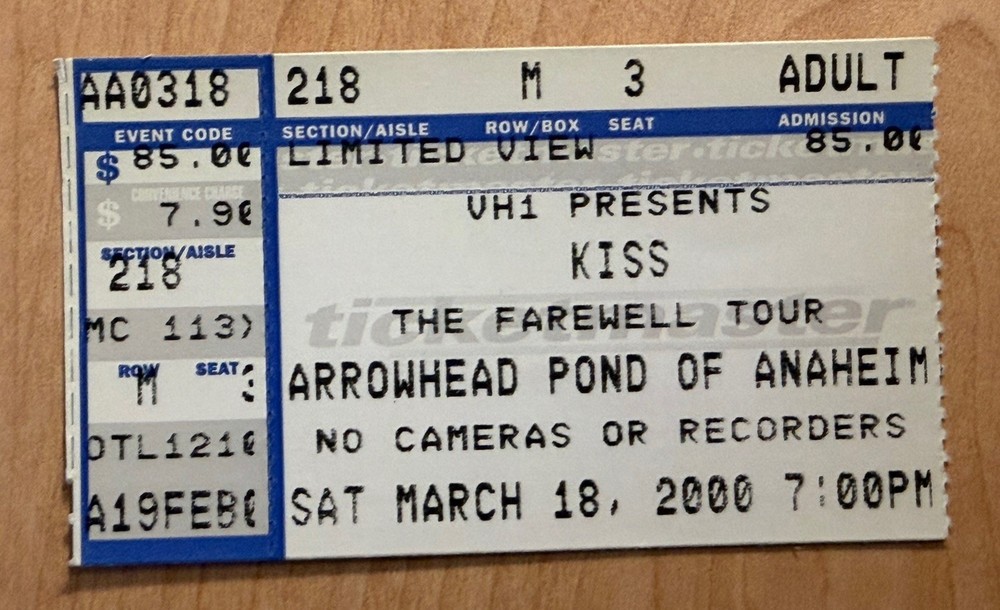 3/18/00 Kiss Ted Nugent Skid Row Ticket Stub Concert Farewell Tour Anaheim 2000