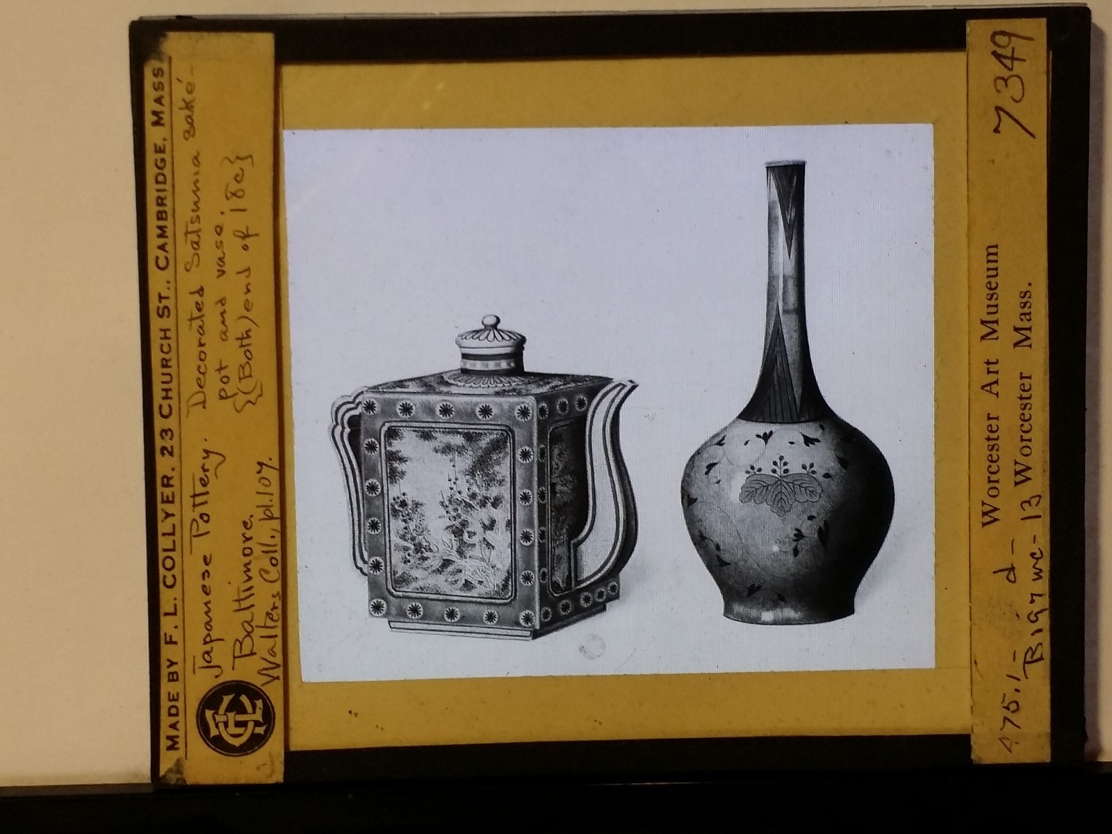 Japanese Pottery, Decorated Satsumia Sake Pot and Vase,Magic Lantern Glass Slide
