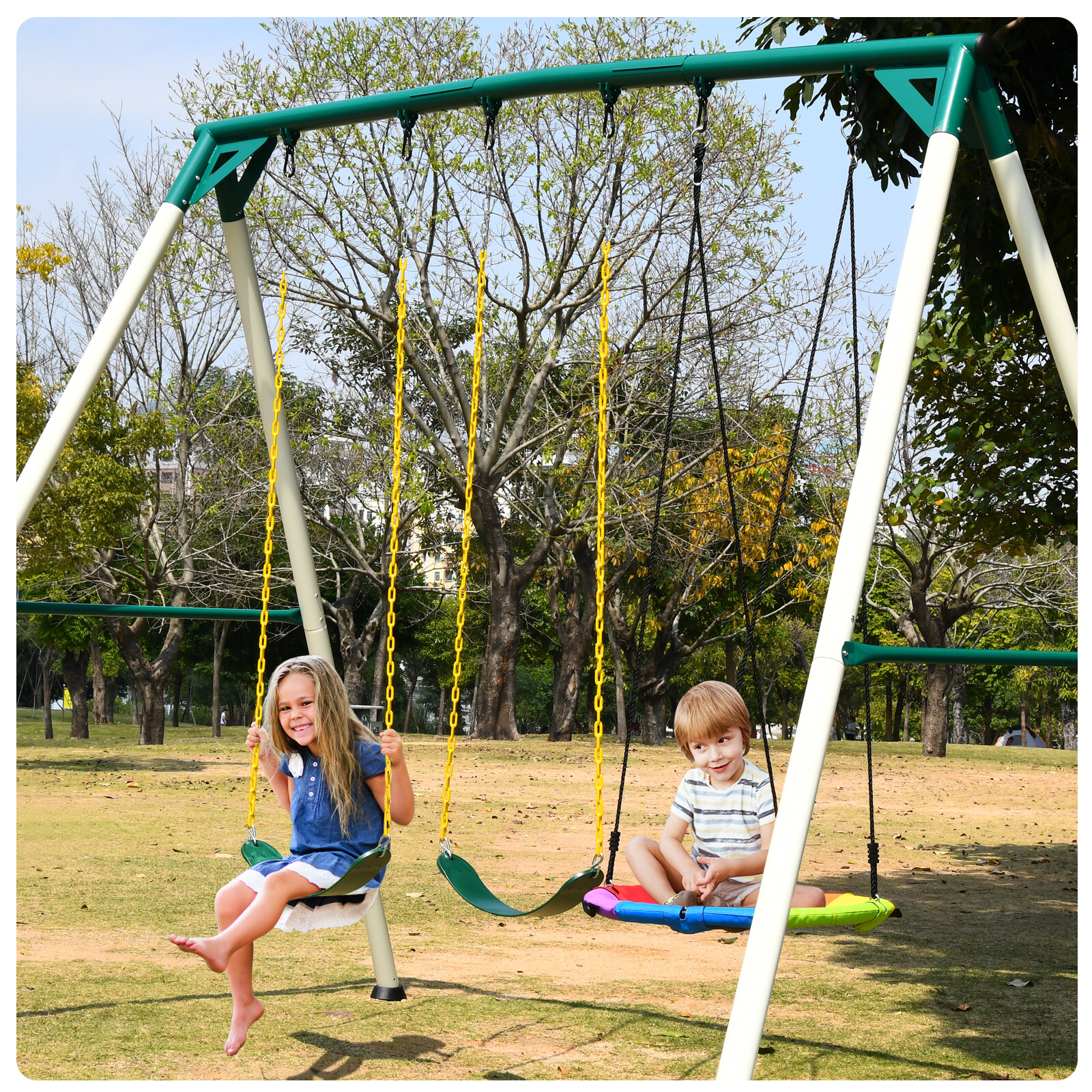 700 LBs Heavy Duty Swing Set 9.5ft Frame Weatherproof Kids & Adult With 3 Swings