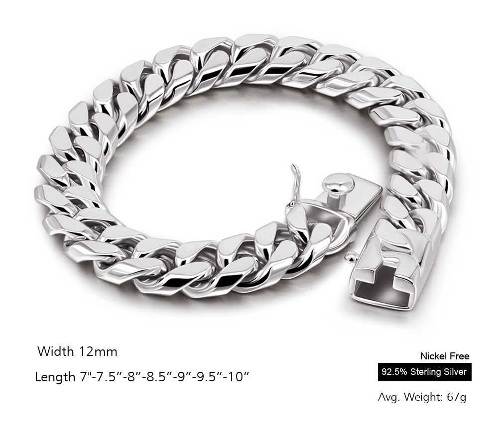 925 Sterling Silver 12mm Cuban Link Chain Bracelet 7"-10" for Men Boys Women