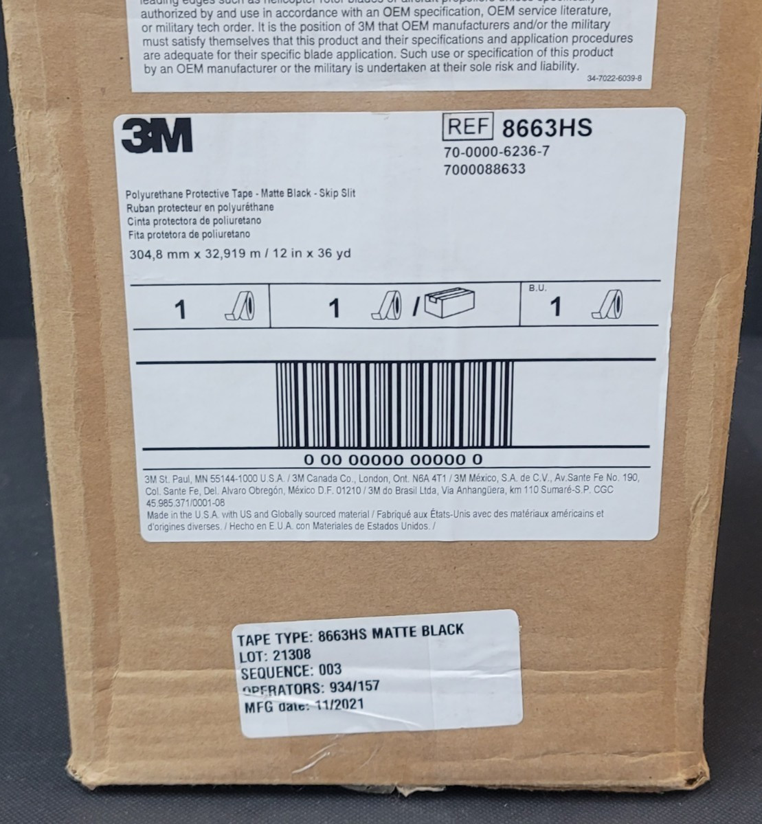 3M 8663HS Polyurethane Protective Tape 12"x36yd Matte Black Skip Slit 18 mil 700
