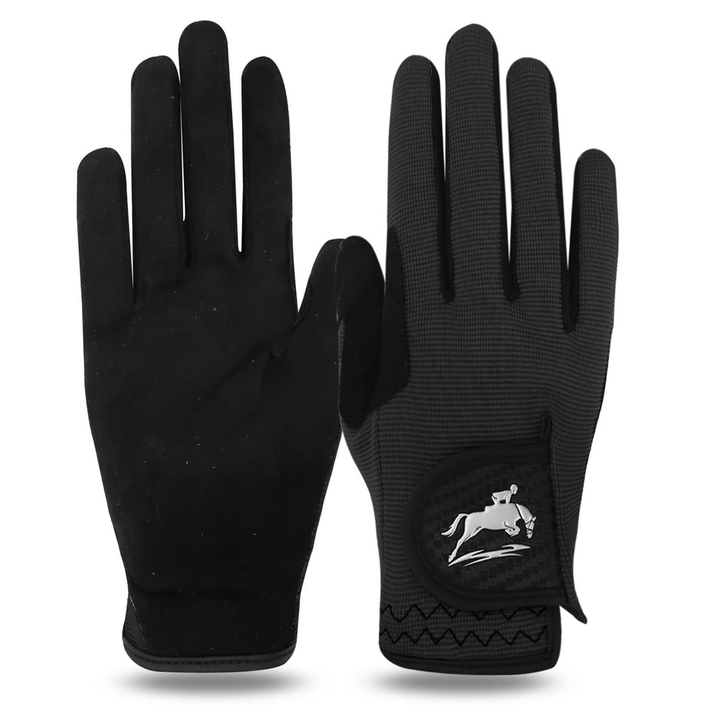 Large Black Stretchable Horse Riding Gloves Durable Breathable Grip Multipurpose