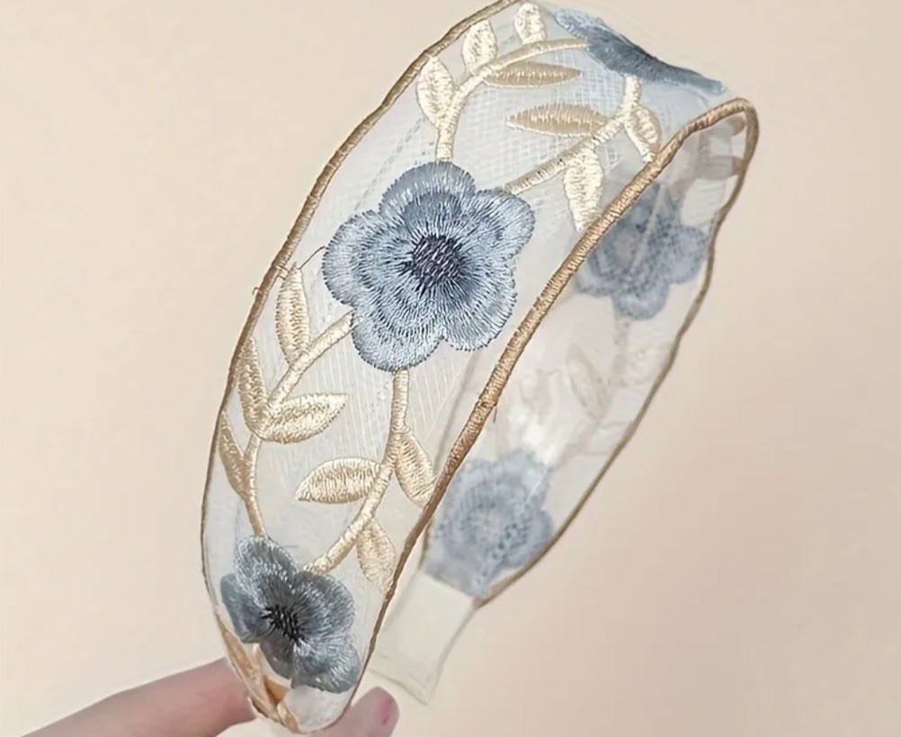 Vintage Retro Blue And Ivory Embroidered Lace Fabric Hair Band Headband