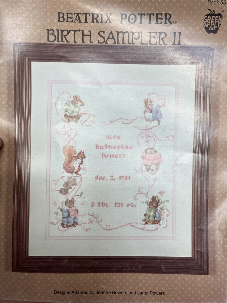 Beatrix Potter Birth Sampler II Green Apple Counted Cross Stitch Pattern