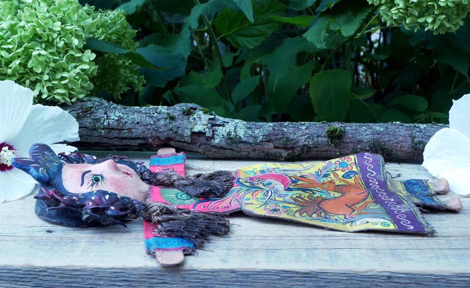 Girl Fish Hat Hand Painted Bird & Deer Handmade Canvas & Coconut Mexico Folk Art