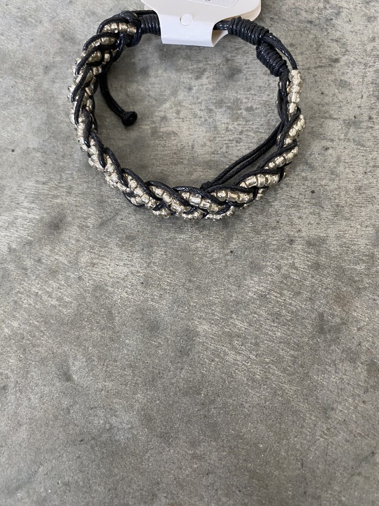 Artisan Black Silver Beaded Woven Braided Bracelet