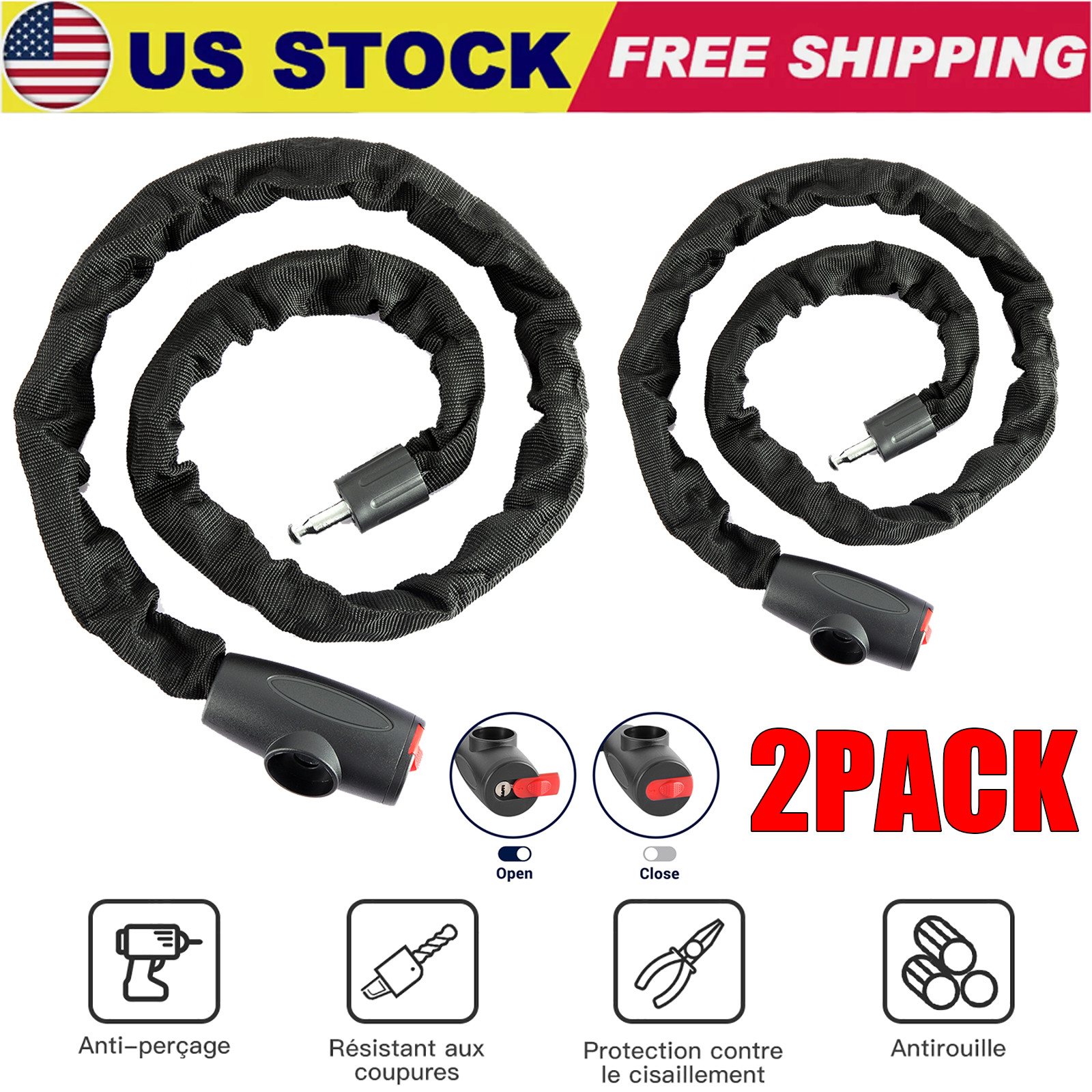 2x Bike Chain Lock 4 Foot/120cm Long Heavy Duty Chain Lock Durable Thick Chains
