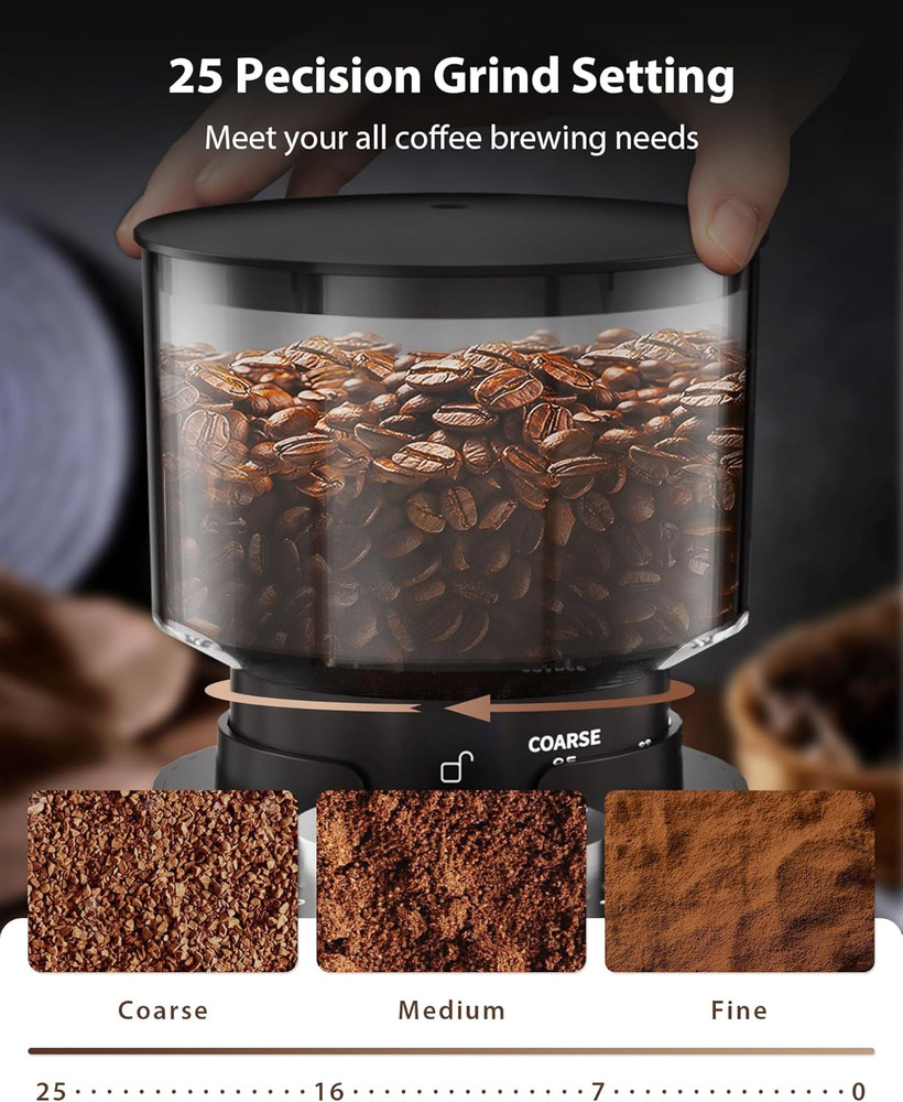 Conical Burr Coffee Grinder with 25 Settings and Timer, Black