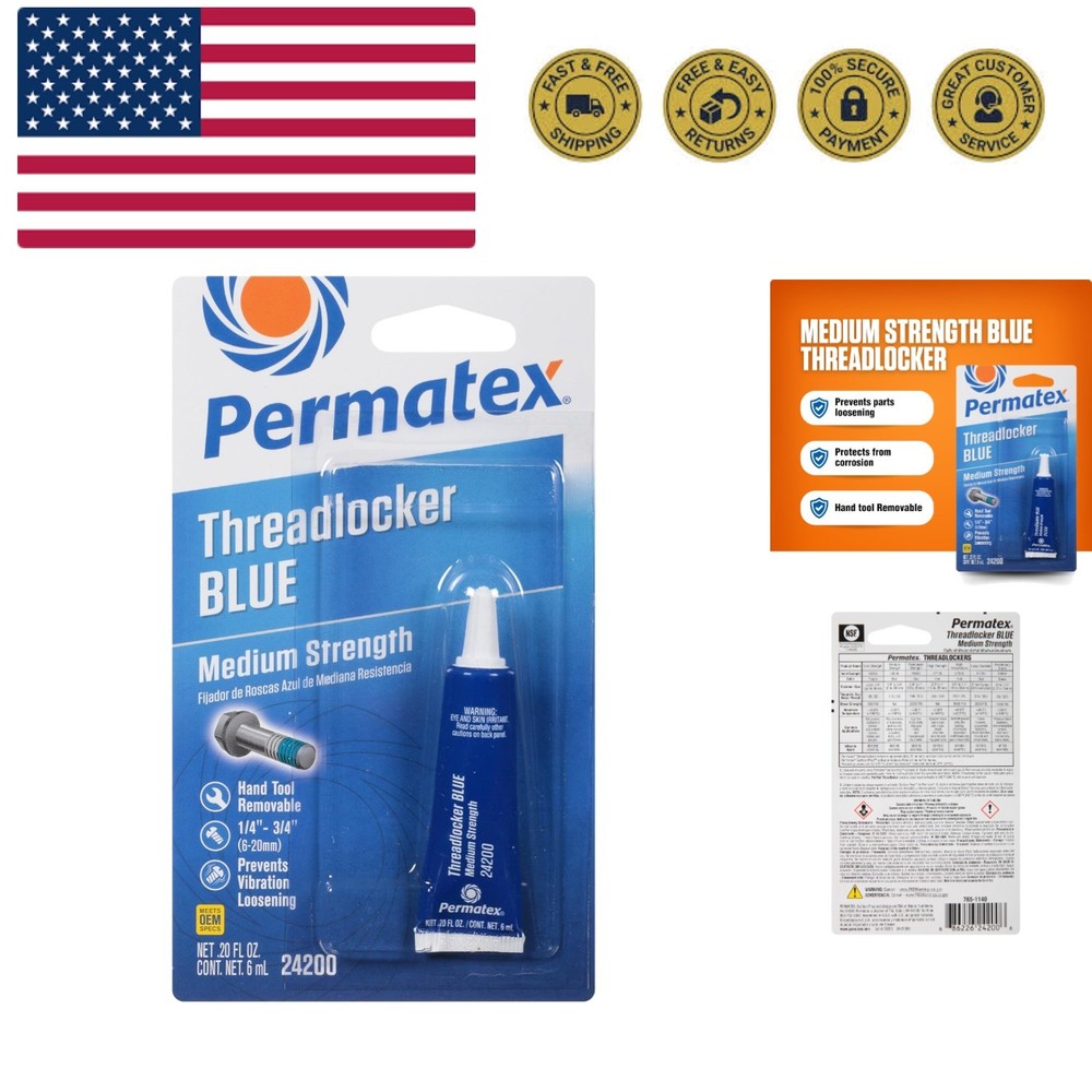 24200 Medium Strength Threadlocker Blue, 6 ml, Automotive Threadlocker For Pr...