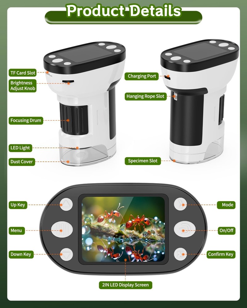 Handheld Microscope 1000X Magnification, 2.0" Screen - Educational Tool for Kids