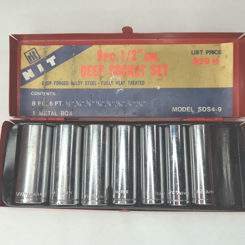 Vintage NIT Deep Socket 1/2" Driver Set SAE - Metal Box 7 Sockets SDS4-9