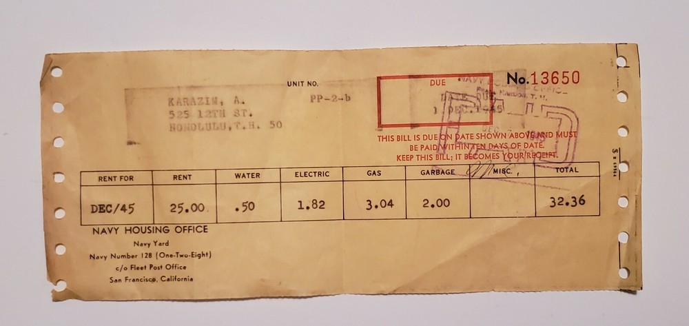 1945 Honolulu, T.H. Navy Housing Office Receipt - Hawaii Territory Navy Yard -
