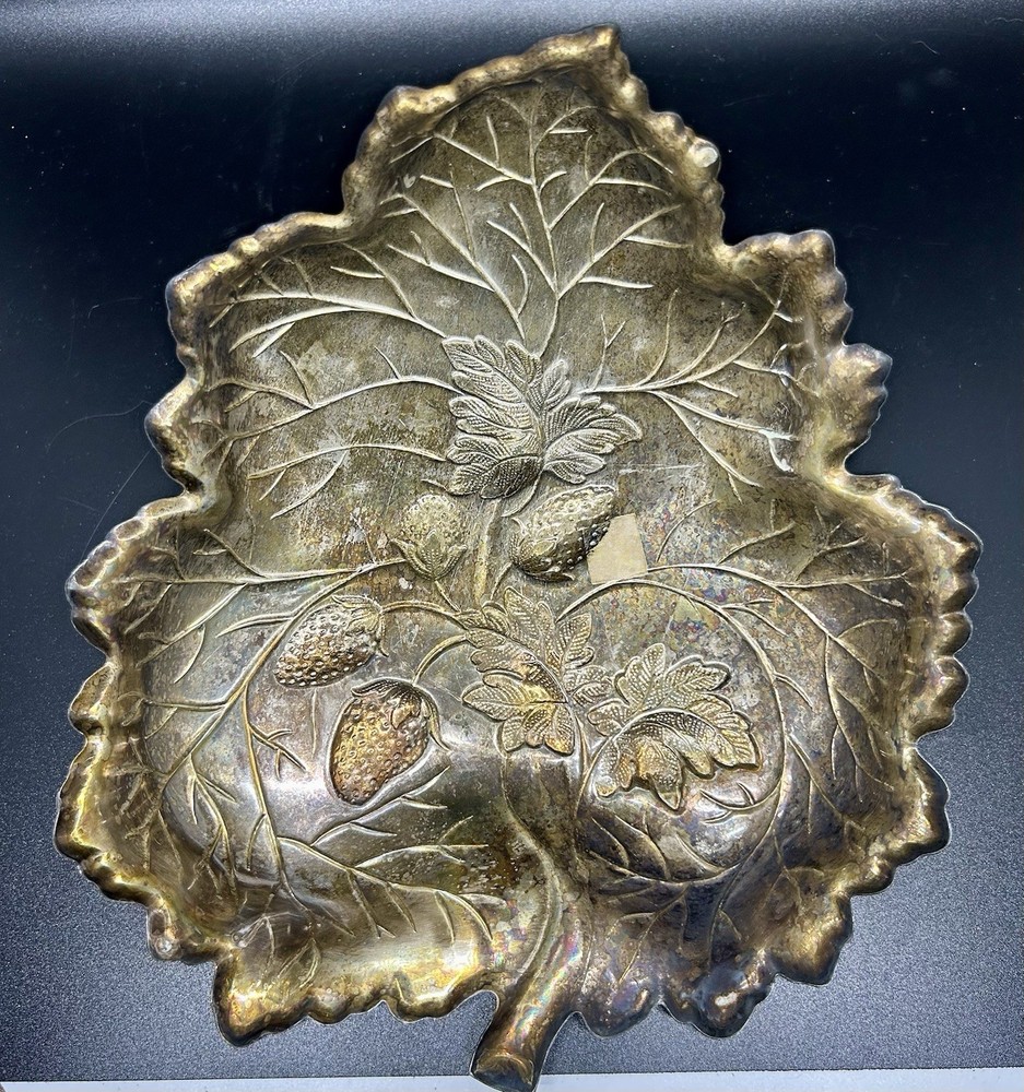 Vintage Silver Plate Strawberry Leaf Shaped Dish Bowl, Unpolished, 11” X 9”