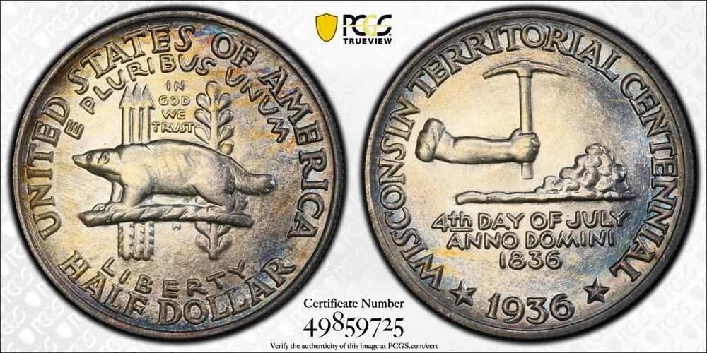 1936 Wisconsin - PCGS MS67 - PERFECT MULTI-COLORED SURFACES - LOOKS SOLID MS68!